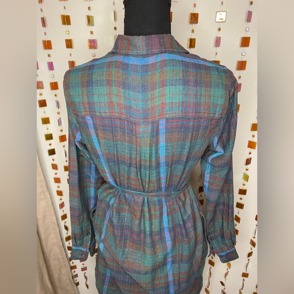 Plaid Button-Front Shirt Dress with Tie Waist - Teal Multi - Picture 9 of 11